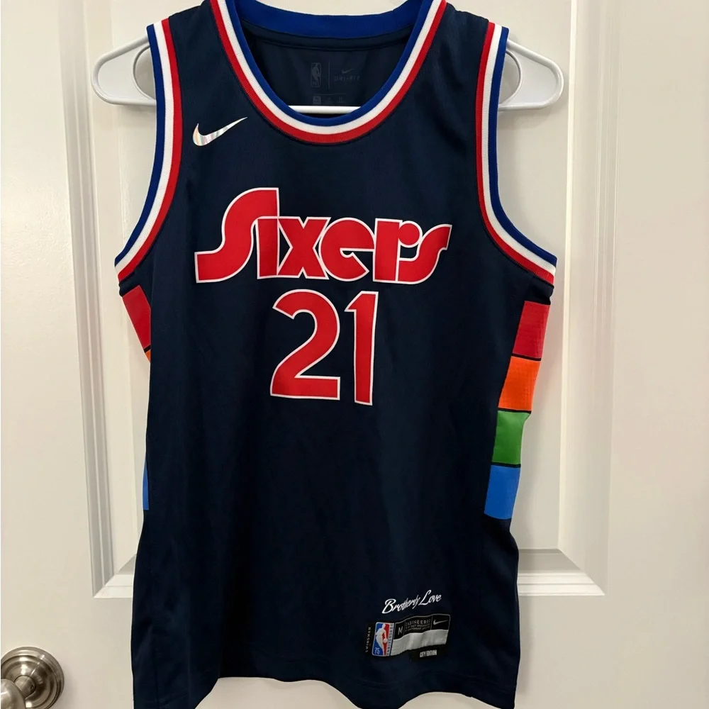 Nike Sixers Embiid 21 Basketball Jersey - Navy with Multicolor Accents fits XS - Picture 2 of 4